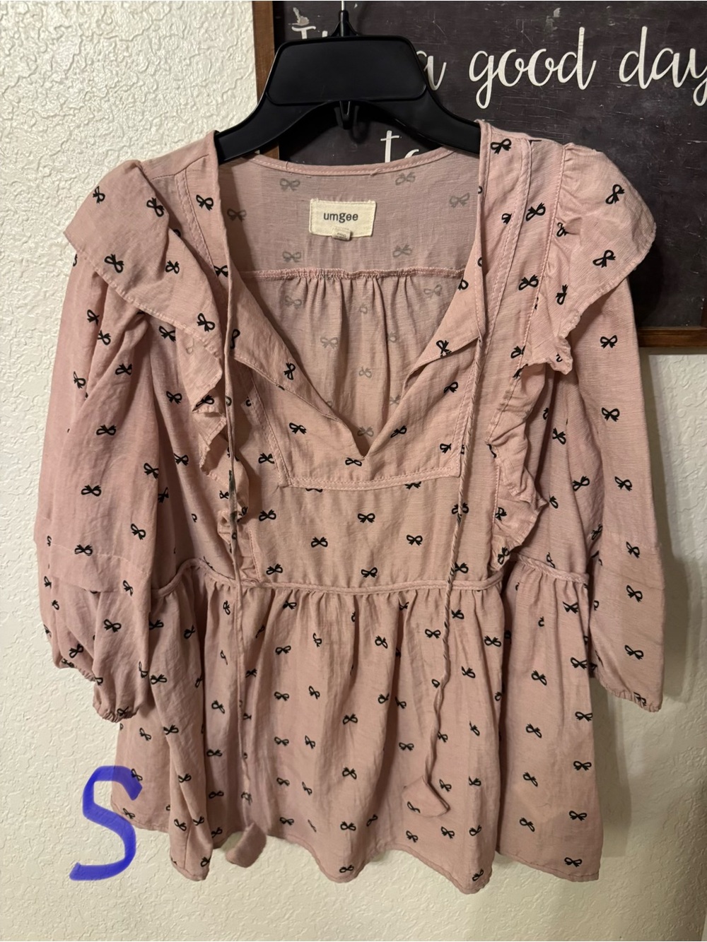 Umgee Dusty Pink Ruffle Bow-Print Peasant Top